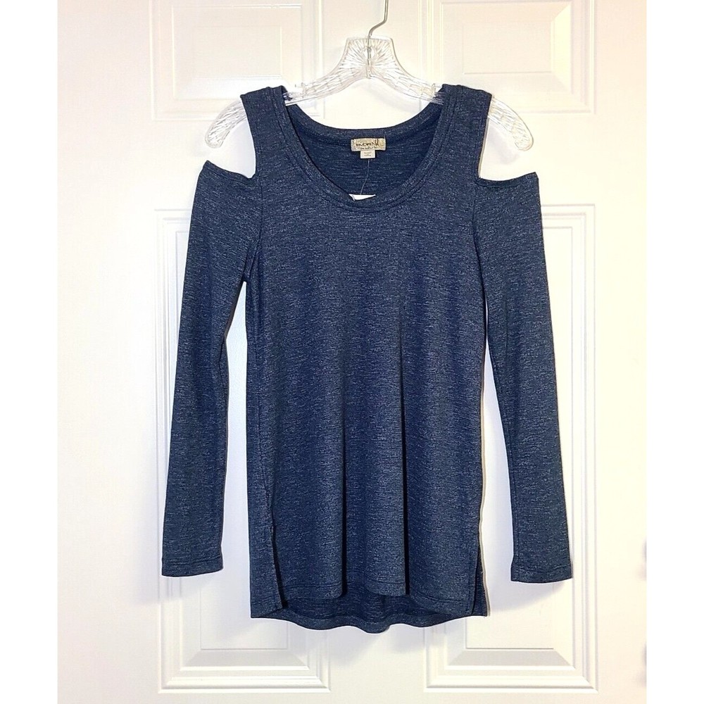One World Cold Shoulder Blue Stretch Long Sleeve Womens S Side Slit Scoop Neck
